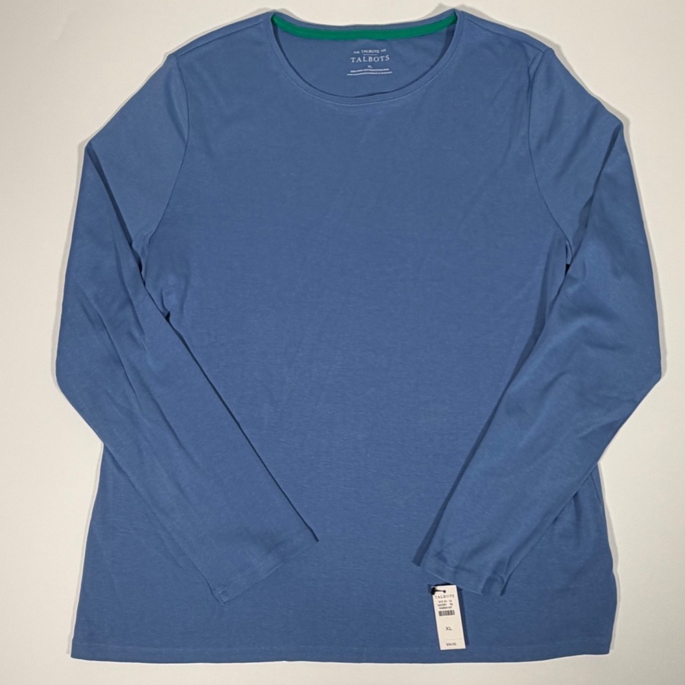 Talbots Pima Cotton Long Sleeve Tee Blue XL Minimalist Quiet Luxury Neck NEW